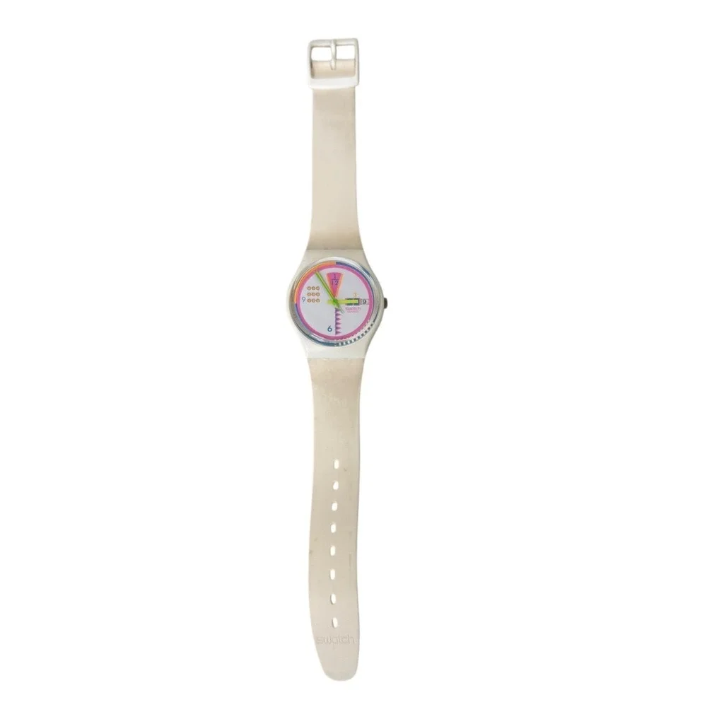 Vintage Swatch Watch Neon Multi Color Dial Cream Silicone Strap Mens 9143P